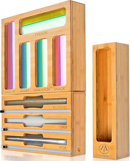 3 in 1 Wrap Organizer with Cutter and Labels, Plastic Wrap, Aluminum Foil and Wax Bamboo Dispenser for Kitchen Storage Organization Holder for 12" Roll (Natural)