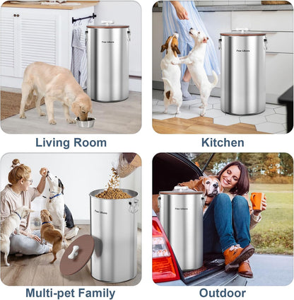 Paw Libero 35 Lbs Stainless Steel Dog Food Storage Container with Airtight Wooden Lid & Ceramic Bone Handle, Large Metal Dog Food Bin, Pet Treat Jars for Dogs & Cats, Keep Fresh, Easy to Clean