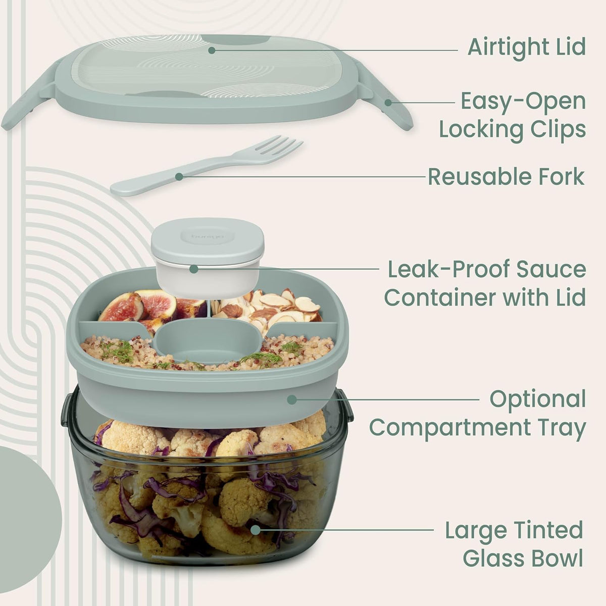 Bentgo Glass Prints Salad Container - 7.6-Cup Tinted Glass Salad Bowl with Airtight Lid, Leak-Proof Sauce Container, 4-Compartment Bento Meal Prep Tray & Reusable Fork (Floral Maximalist - Sea)