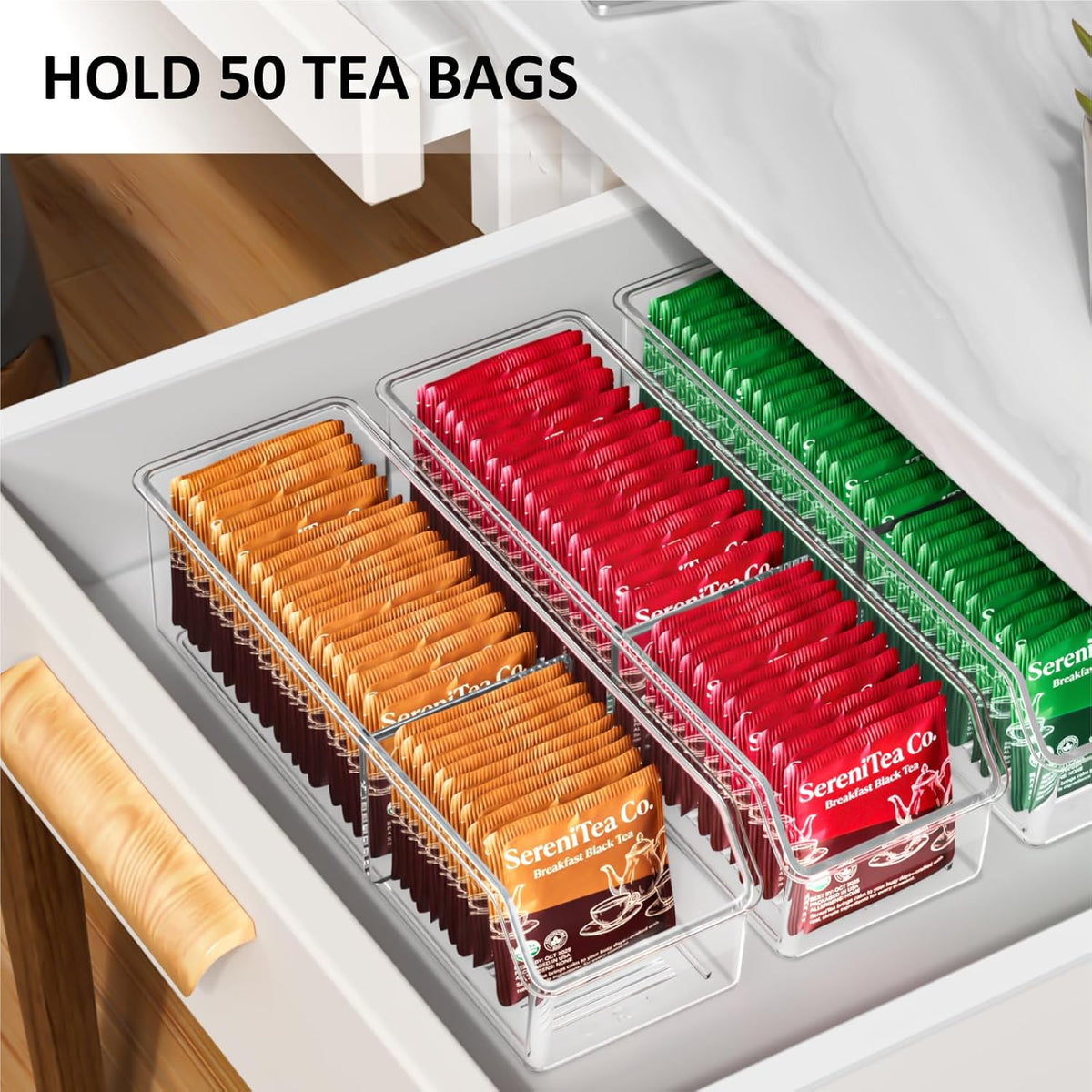 FUCDTEFC Tea Bag Organizer, Tea Bag Holder Box Storage Bin, Clear Tea Packet Plastic Drawer, Sugar Packet, Coffee, Condiment, Spice Bag Holder for Kitchen Cabinet, Countertop, Fridge