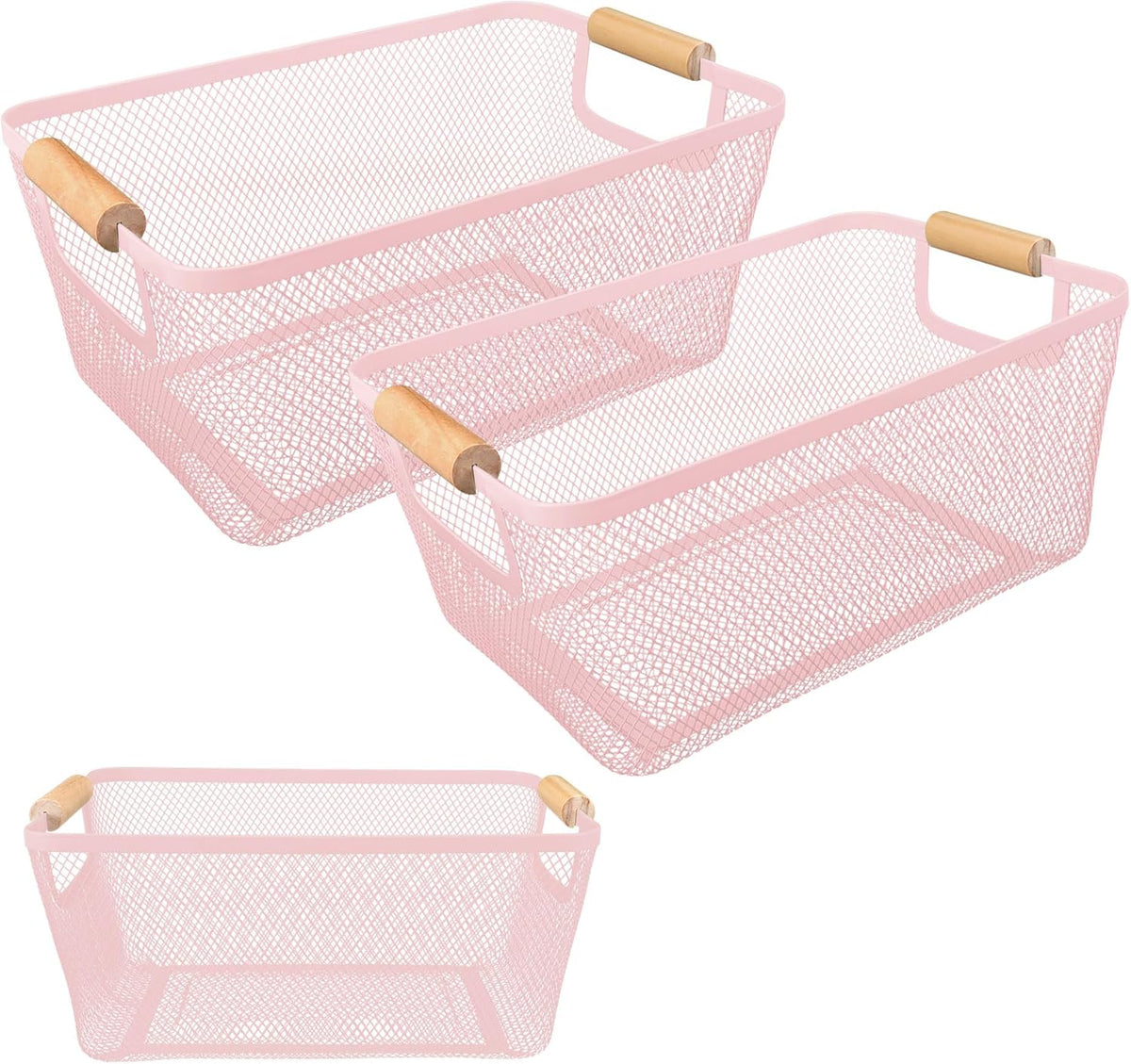 2 Pack 12" Wide Metal Mesh Baskets with Bamboo Handles for Pantry Organization | Wire Storage Bins for Kitchen, Cabinet, Fruit & Snacks | Decorative Farmhouse Style Organizer
