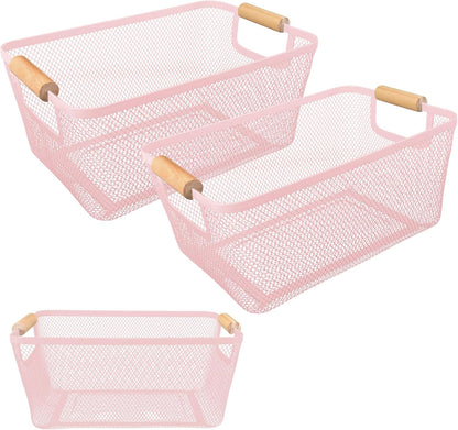 2 Pack 12" Wide Metal Mesh Baskets with Bamboo Handles for Pantry Organization | Wire Storage Bins for Kitchen, Cabinet, Fruit & Snacks | Decorative Farmhouse Style Organizer