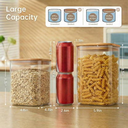Extra Large Square Glass Flour & Sugar Storage Containers with Airtight Lids, 168 floz - Glass Jars with Bamboo Lids for Pantry, Air tight Food Storage Containers for Cereal, Pasta, Rice
