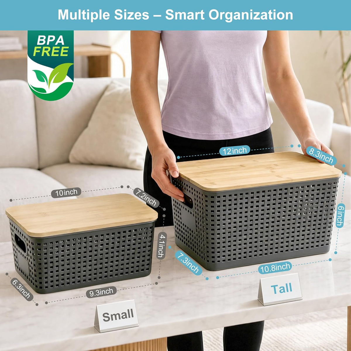Bagnizer Small Plastic Storage Bins with Bamboo Lids 5.2qt Stackable Box Basket Pantry Decorative Containers Cute with Labels for Organizing Desktop Closet Office Cream White of 10*7.2*4.1"