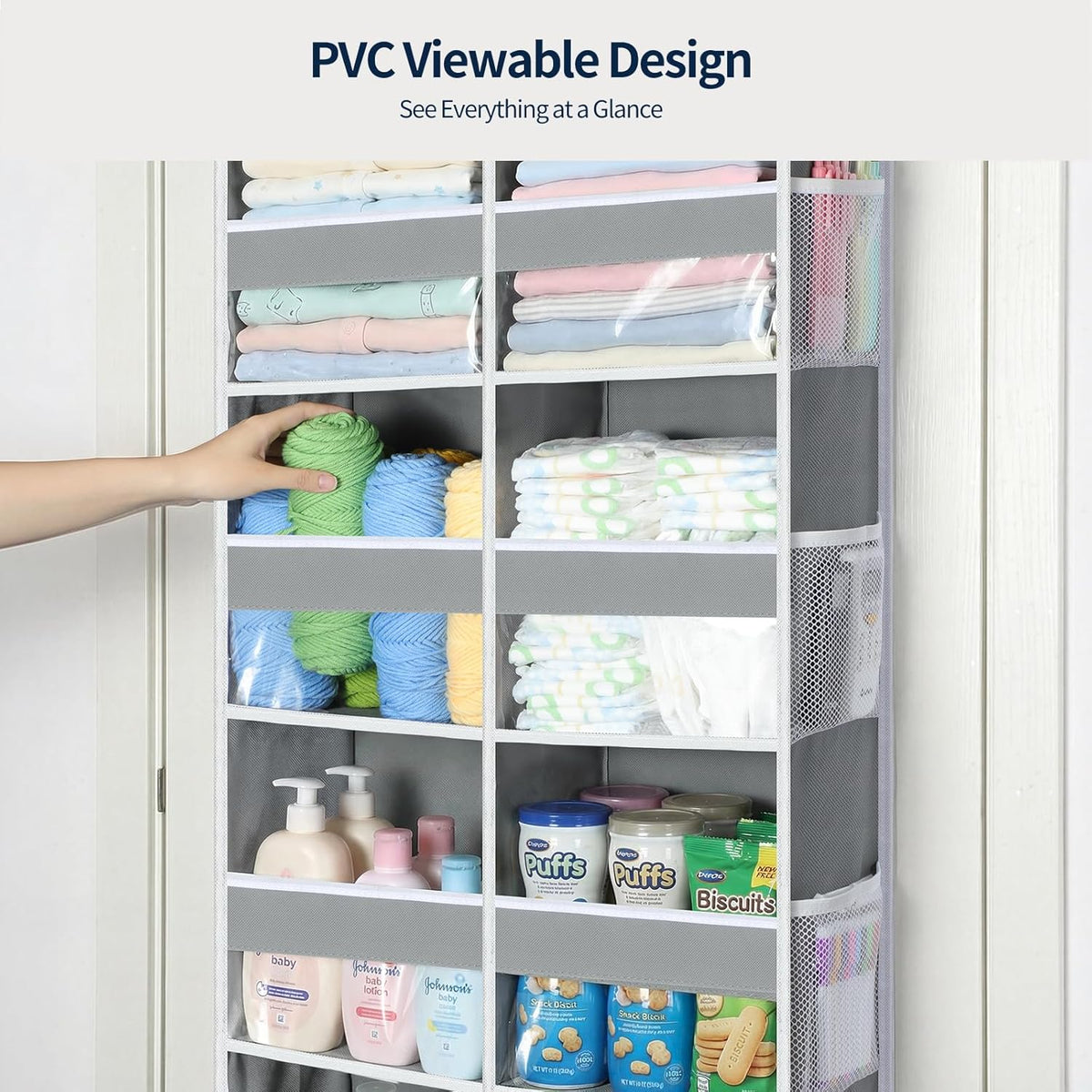 Yecaye Over The Door Organizer, 5 Tier Extra Large Behind Door Storage of 10 Compartments, 80lbs Heavy Duty Door Organizer Hanging with Clear Window for Closet Bedroom Pantry Bathroom, Grey