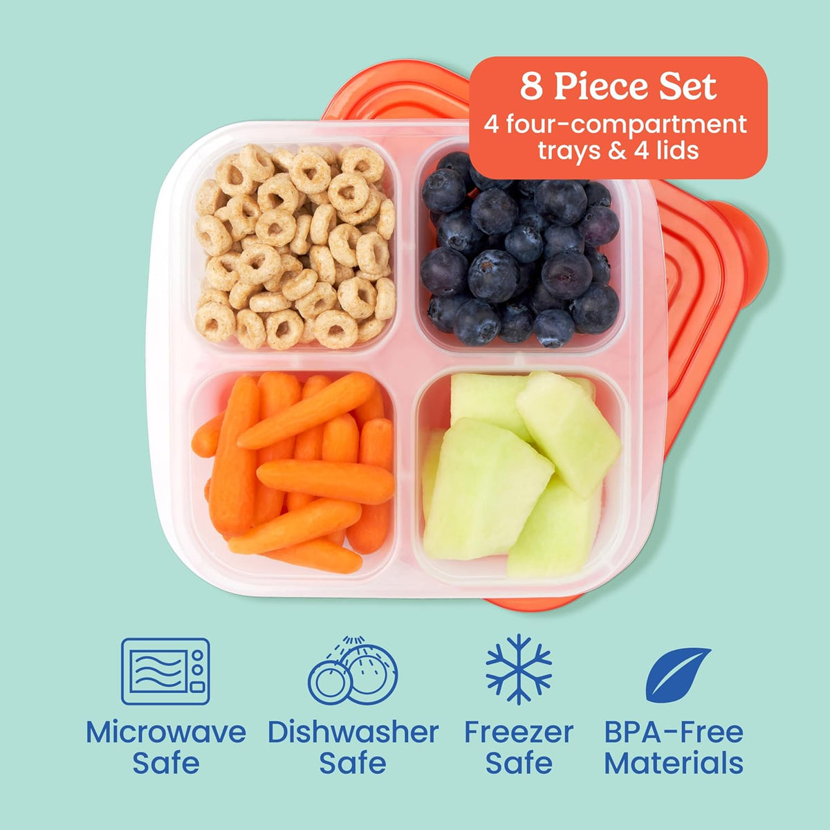 Bentgo Easyboxes 4-Compartment Snack Containers - 8-Piece Set with 4 Trays & 4 Custom-Fit Lids to Seal in Freshness - Reusable Food Storage & Meal Prep Bento BPA-Free Containers (Brights 4-Pack)