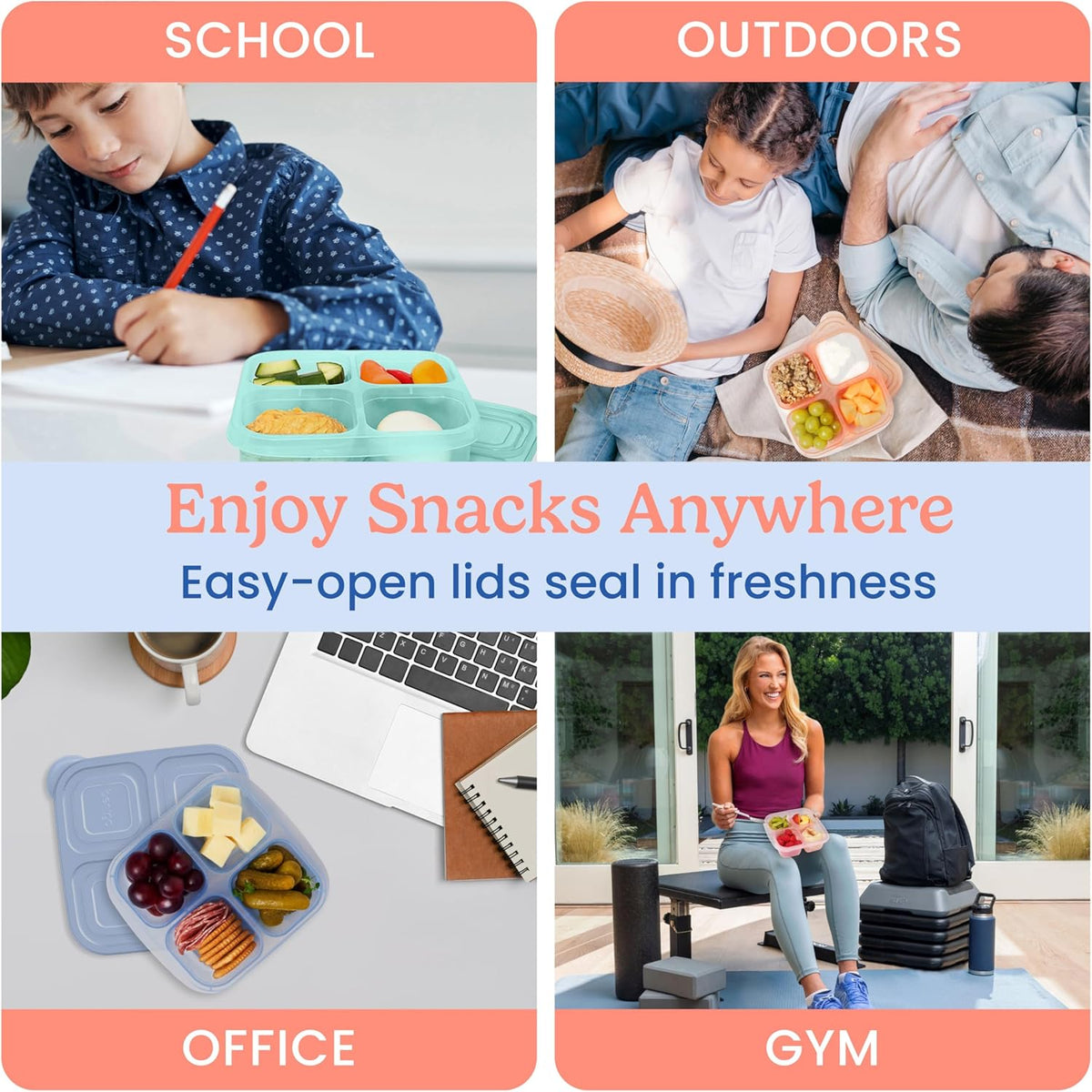 Bentgo Easyboxes 4-Compartment Snack Containers - 8-Piece Set with 4 Trays & 4 Custom-Fit Lids to Seal in Freshness - Reusable Food Storage & Meal Prep Bento BPA-Free Containers (Brights 4-Pack)
