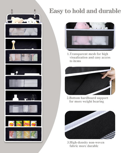 Over The Door Organizer 44LB Capacity with 5 Large Pockets & 10 Mesh Side Pockets, Clear Window Anti-Tilt Hanging Storage for Nursery, Bathroom, Pantry - Dark Grey, 1 Pack