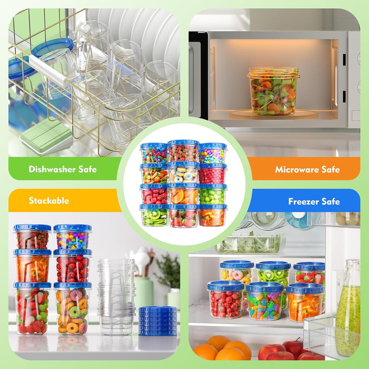 BiuLeon 12 Pack- 34/24/17oz Freezer Storage Containers, Plastic Food Storage Containers with Twist Top Lids, BPA Free and Reusable Soup Containers with Lids, Leakproof/Microwave/Dishwasher Safe