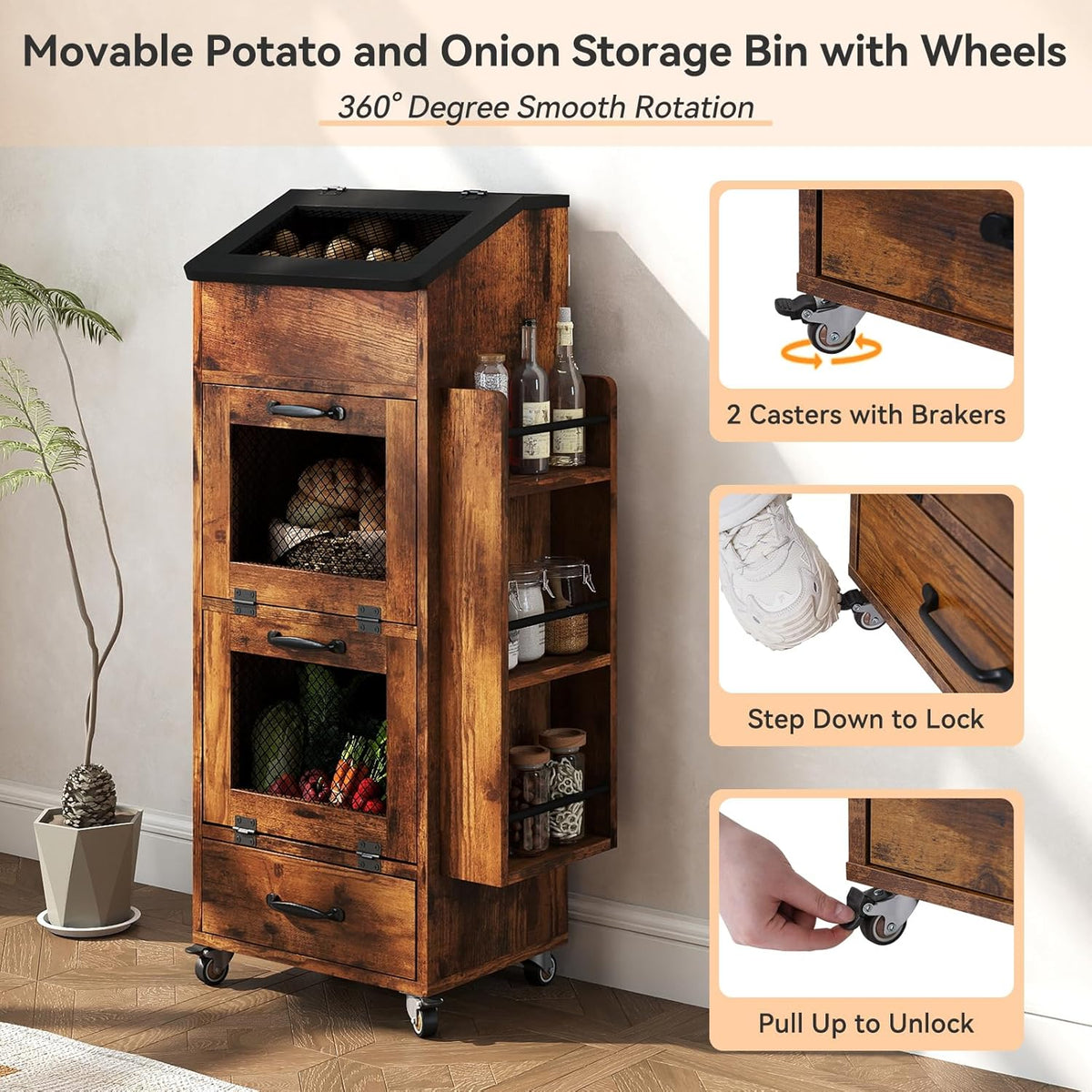 Verano Garden Potato and Onion Storage Bin on Wheels, Wood Bread Box with Lid & Mesh Doors, 4-Tier Rolling Fruit and Vegetable Storage Organizer w/Drawer & Side Rack for Kitchen (Rustic Brown, 16.0")