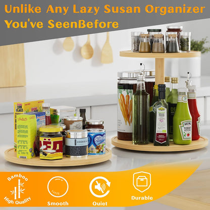 Lazy Susan Organizer Homerays 12 Inch Non-Skid Bamboo Lazy Susan for Kitchen Rotating Spice Rack with Handles, Wood Turntable for Kitchen Cabinet,Countertop (Bamboo, Medium)