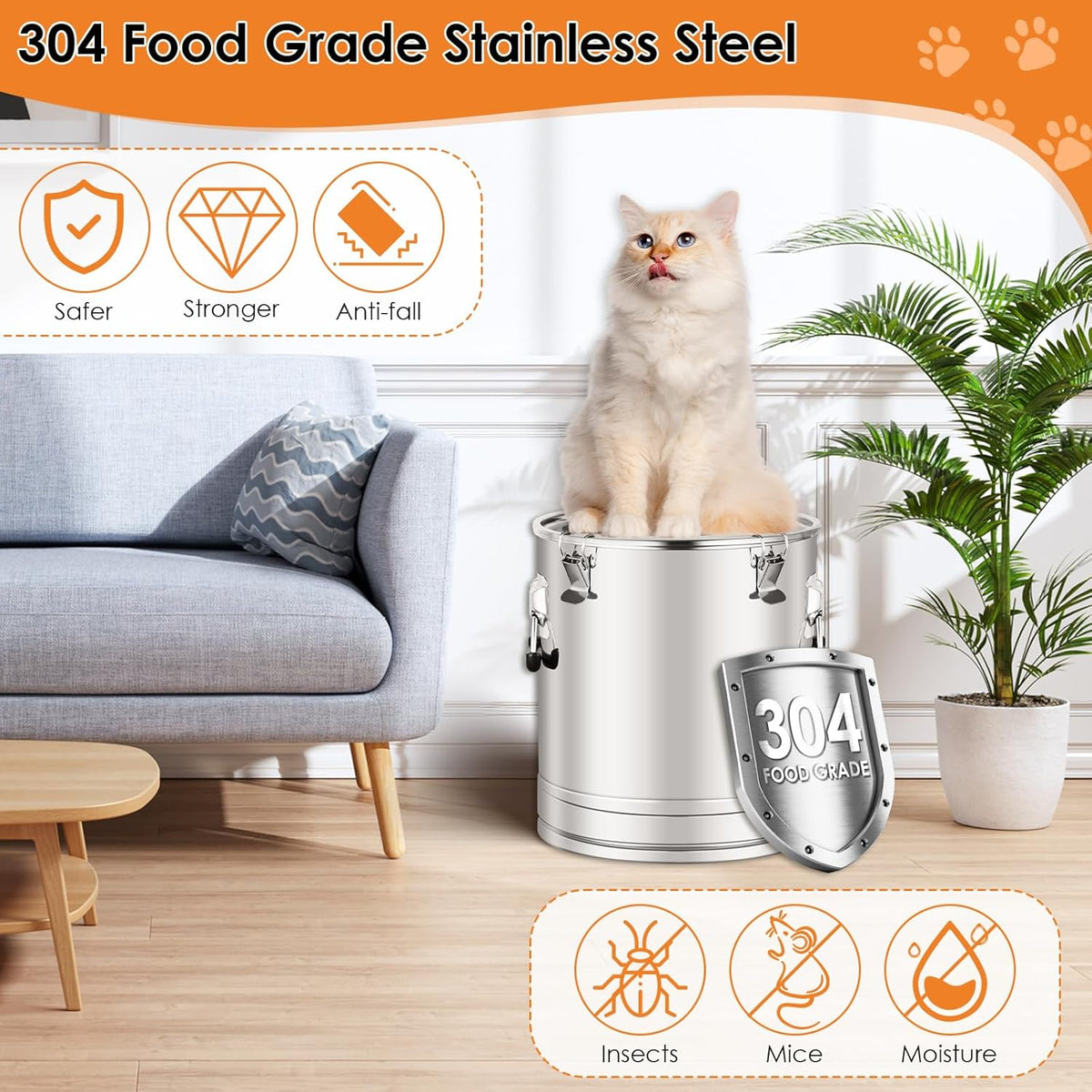 Stainless Steel Dog Food Storage Container,20LB/25LB Airtight Dog Food Storage Container with Lid to Keep Fresh,Easy Clean Large Pet Food Storage Container with Scoop for Cat Food,Chicken Feed,Rice