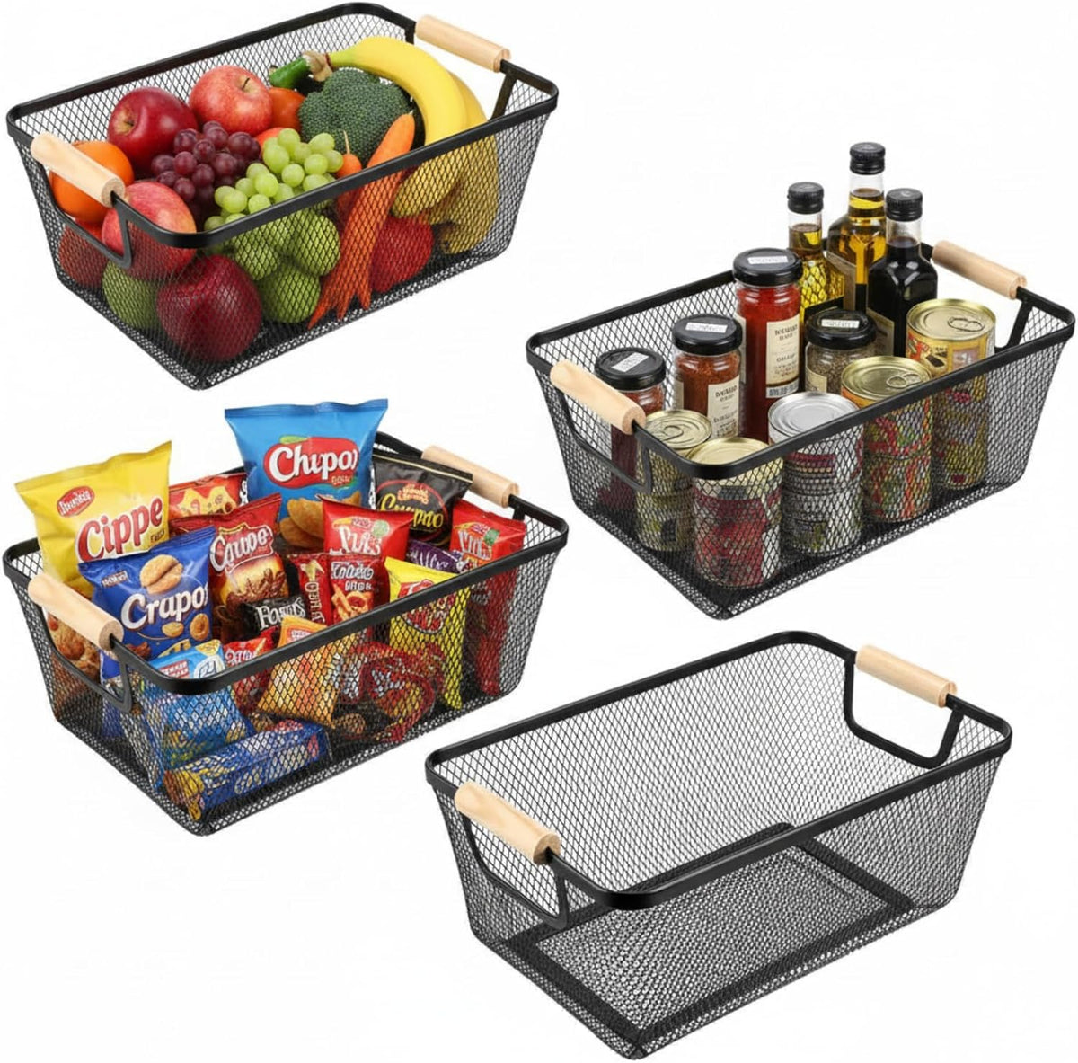 Ziliny 4 Pcs Metal Mesh Wire Baskets with Wooden Handles for Organizing, Pantry Organizers and Storage Steel Bin Kitchen Baskets for Fruit Potato Onion Snacks Bathroom Cabinet(Small,Black)