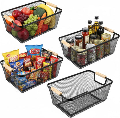 Ziliny 4 Pcs Metal Mesh Wire Baskets with Wooden Handles for Organizing, Pantry Organizers and Storage Steel Bin Kitchen Baskets for Fruit Potato Onion Snacks Bathroom Cabinet(Small,Black)