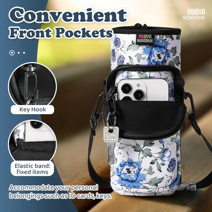 Nuovoware Water Bottle Carrier Bag,25oz/40oz/64oz Bottle Pouch Holder,Adjustable Shoulder Hand Strap 2 Pocket Sling Neoprene Sleeve Sports Accessories for Hiking Travelling Camping