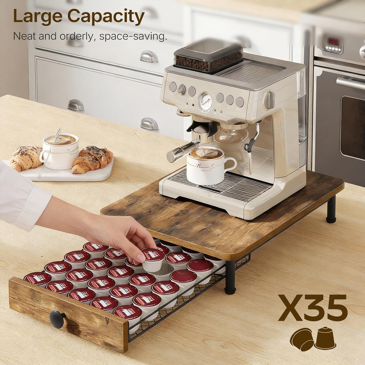 YATINEY Coffee Pod Drawer Holder, Coffee Pod Drawer for K Cup, 35 Capacity Coffee Capsules Storage Organizer, Sliding Mesh Basket, for Home Office, Kitchen, Rustic Brown KH08BRG1