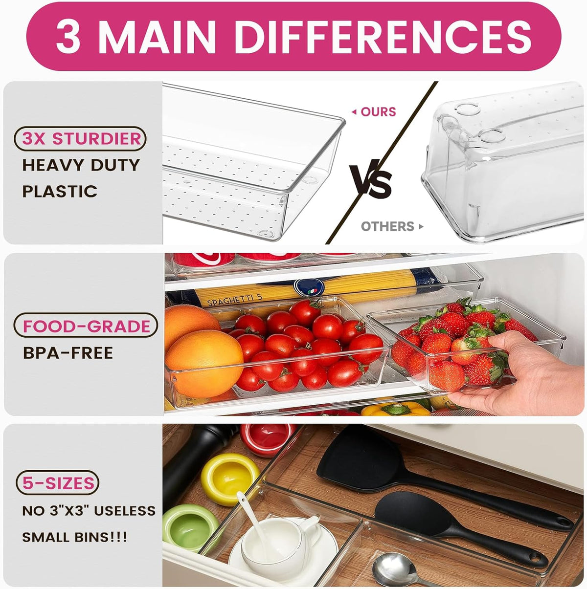 Criusia Large Drawer Organizer Bins | Complete 5 Size Clear Plastic Kitchen Drawer Organizers for Utensils | Bathroom Drawer Organizer Trays | Versatile for Makeup Office Organization