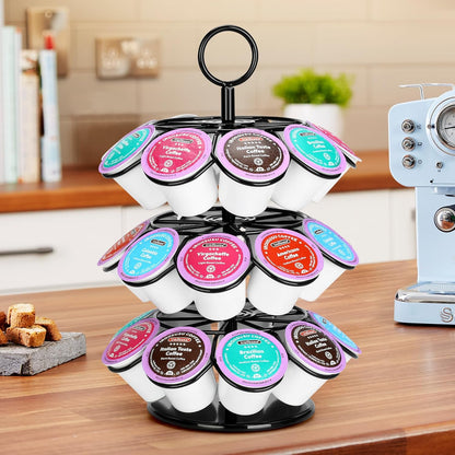 ROWISE K-Cup Pod Carousel Holder and Organizer for 36 Pods - Spins 360 Degrees, Detachable, Modern Metal Design in Black for Home and Office Counters