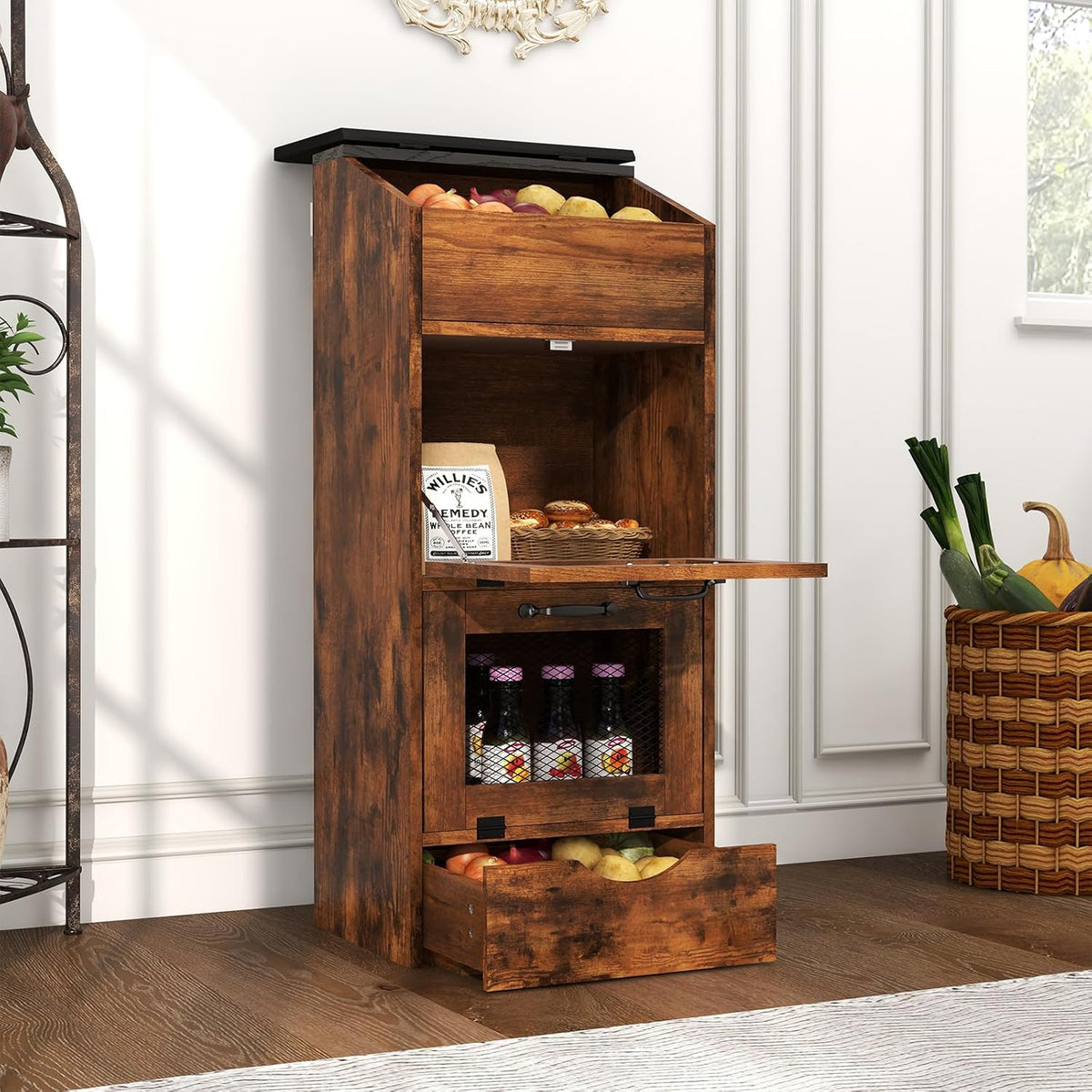 Verano Garden Potato Storage Bin, Wood Bread Box with Lid, Farmhouse Potato and Onion Storage Bin with Mesh Doors, Fruit and Vegetable Storage Rack with Removable Drawer (Rustic Brown, 16.0")