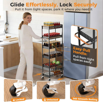 5 Tier Kitchen Storage Cart with Wheels, Utility Fruit Vegetable Storage Rack Stand with Pull-Out Baskets & Wood Top, Metal 4-Drawers Rolling Snack Cart, Kitchen Cart for Potato Onion(Black)