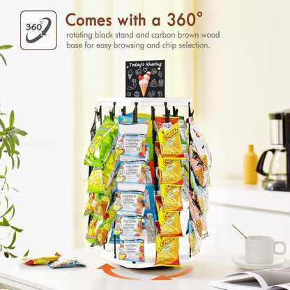 Pinzoveco Chip Rack Display Stand, 5 Tiers 40 Clips Snack Organizer for Office Desk, 360° Rotating Wooden Base Chip Holder Candy Display for Concession Stand, Countertop, Party, With Message Board