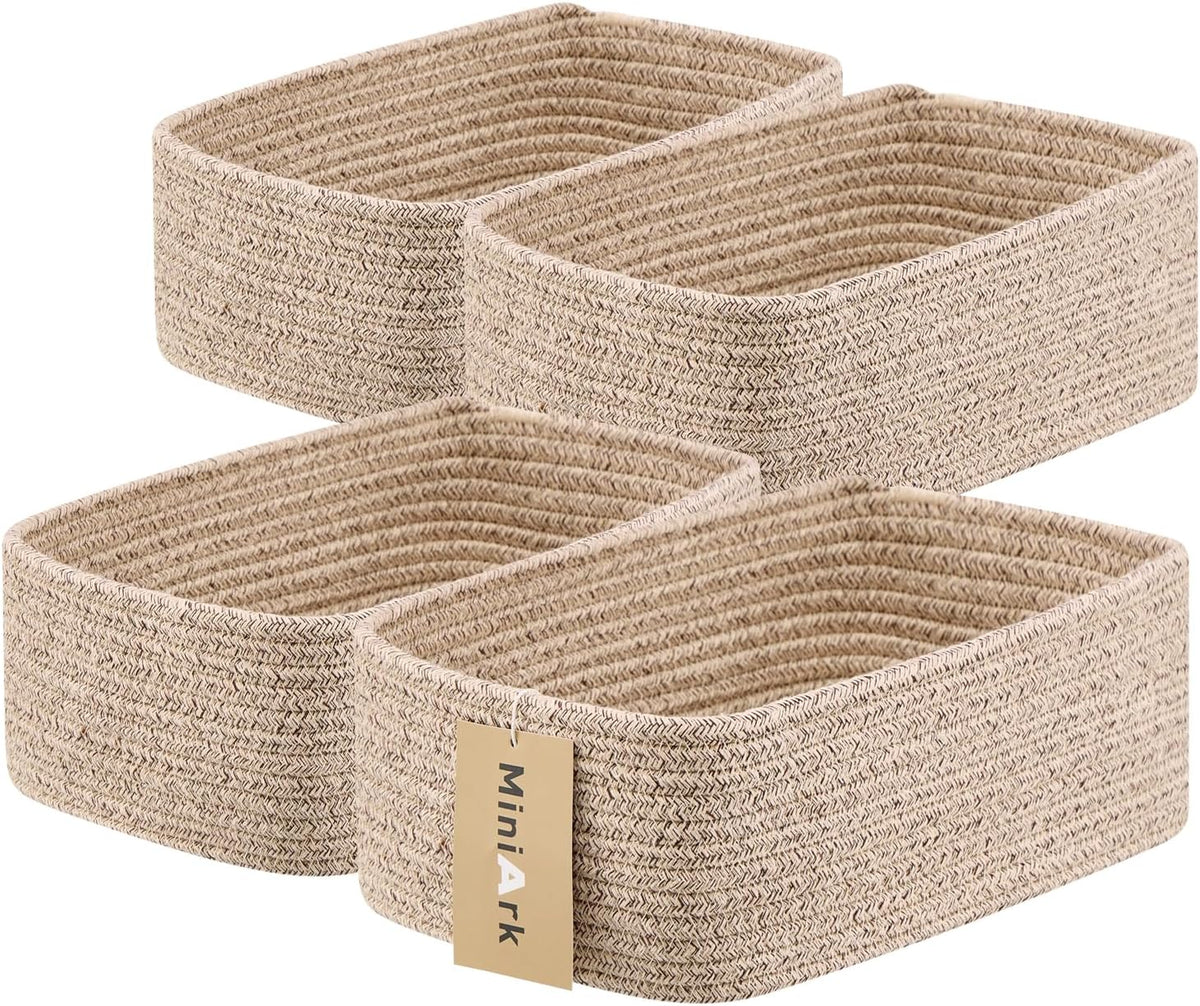 MiniArk Small Storage Baskets for Organizing | Closet Organizer Bins | Shelf Toy Basket | Woven Rope Baskets | Cube Decorative Box | Shallow Basket | L11.5xW7.5xH4.7| Brown