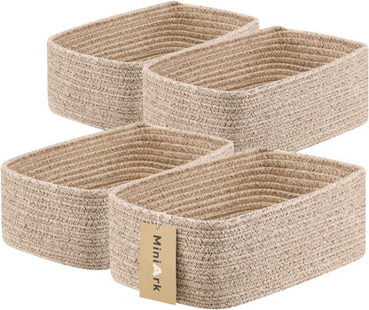 MiniArk Small Storage Baskets for Organizing | Closet Organizer Bins | Shelf Toy Basket | Woven Rope Baskets | Cube Decorative Box | Shallow Basket | L11.5xW7.5xH4.7| Brown