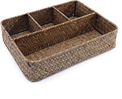 Wicker Baskets 4-Section Tea Bag/Sugar Packet Holder,Seagrass Woven Compartment Organizer,Storage Rattan Divided Basket,Office-Desk Baskets for Shelves,Pantry,Coffee Station Organizer,Countertops