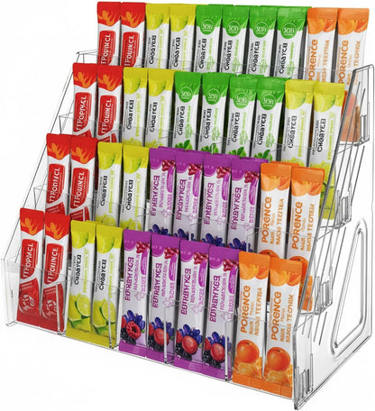 3-Tier Acrylic Drink Packet Organizer with 15 Compartments, Sugar Packets Drink Mix Organizer, Water Flavor Packet Holder for Kitchen Pantry Cabinet Storage,Coffee Station