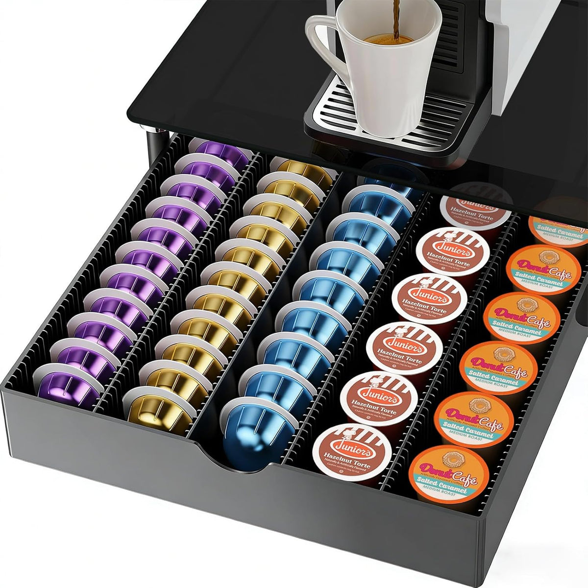 gianotter Crystal Tempered Glass Vertuo Pod Holder Drawer, Compatible with Nespresso Vertuo Capsules, Compatible with 40 Large or 60 Small Nespresso Capsule Organizer (transparent)