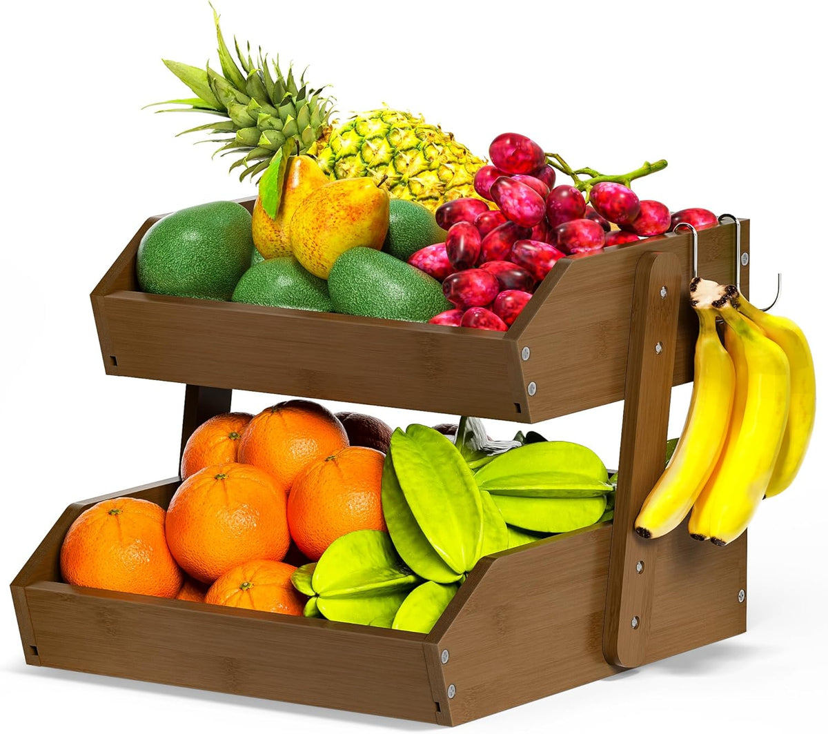 Gmtsl Bamboo Fruit Basket for Kitchen – 3 Tier Fruit Bowl For Kitchen Counter, Large Fruit Holder With 2 Banana Hangers, Idea For Fruit and Vegetable Storage, Bread Basket, Snack Organizer(BLACK)