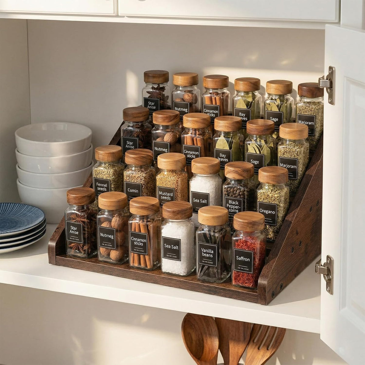Wood 4 Tier Spice Rack, 13 x 10 x 6.5 Inch Wooden Tiered Spice Rack Rustic Wood Condiment Jar Display Riser Shelf for Countertop, Cabinet, Kitchen Organization (Dark Brown)