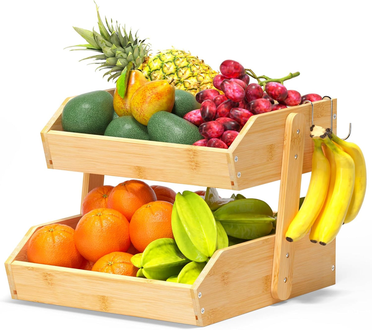Gmtsl Bamboo Fruit Basket for Kitchen – 3 Tier Fruit Bowl For Kitchen Counter, Large Fruit Holder With 2 Banana Hangers, Idea For Fruit and Vegetable Storage, Bread Basket, Snack Organizer(BLACK)