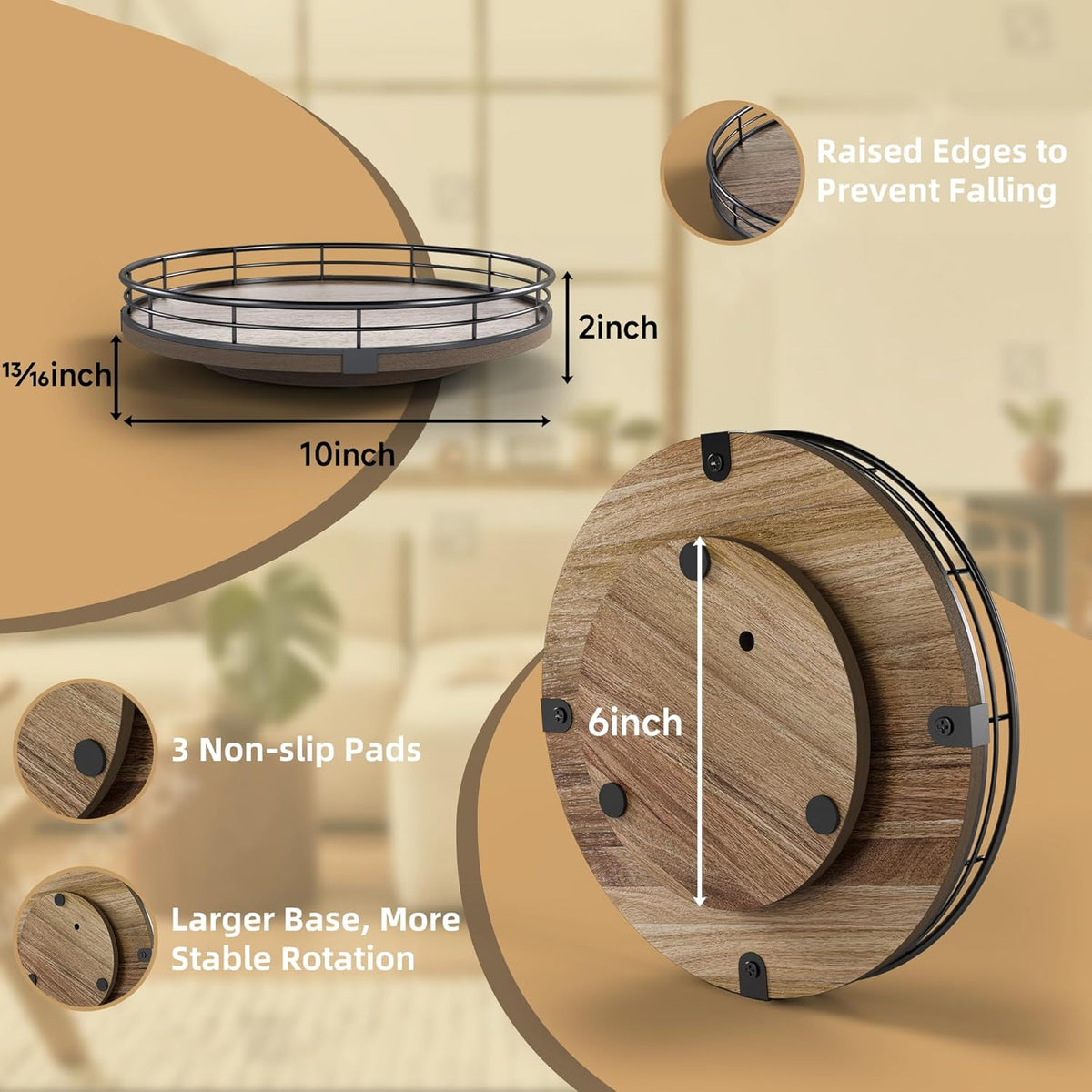 Acacia Wood 13" Lazy Susan Turntable Organizer for Table Top, Farmhouse Round Wooden Lazy Susan for Cabinet Kitchen Centerpieces Coffee Table, for Condiments Spices, Bathroom Vanity Tray Decor