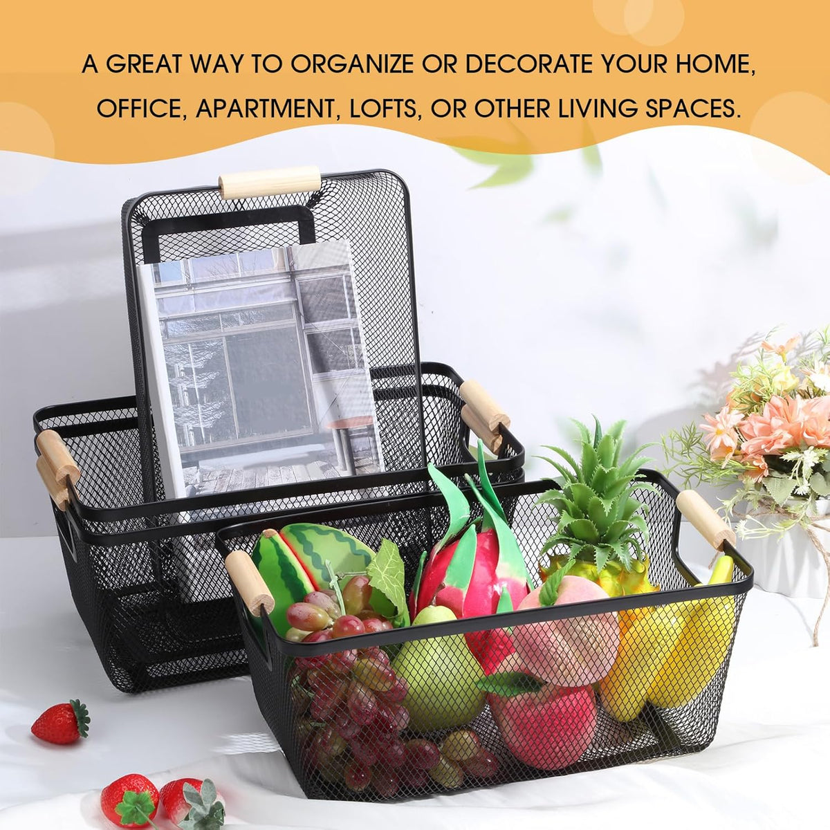 Ziliny 4 Pcs Metal Mesh Wire Baskets with Wooden Handles for Organizing, Pantry Organizers and Storage Steel Bin Kitchen Baskets for Fruit Potato Onion Snacks Bathroom Cabinet(Small,Black)