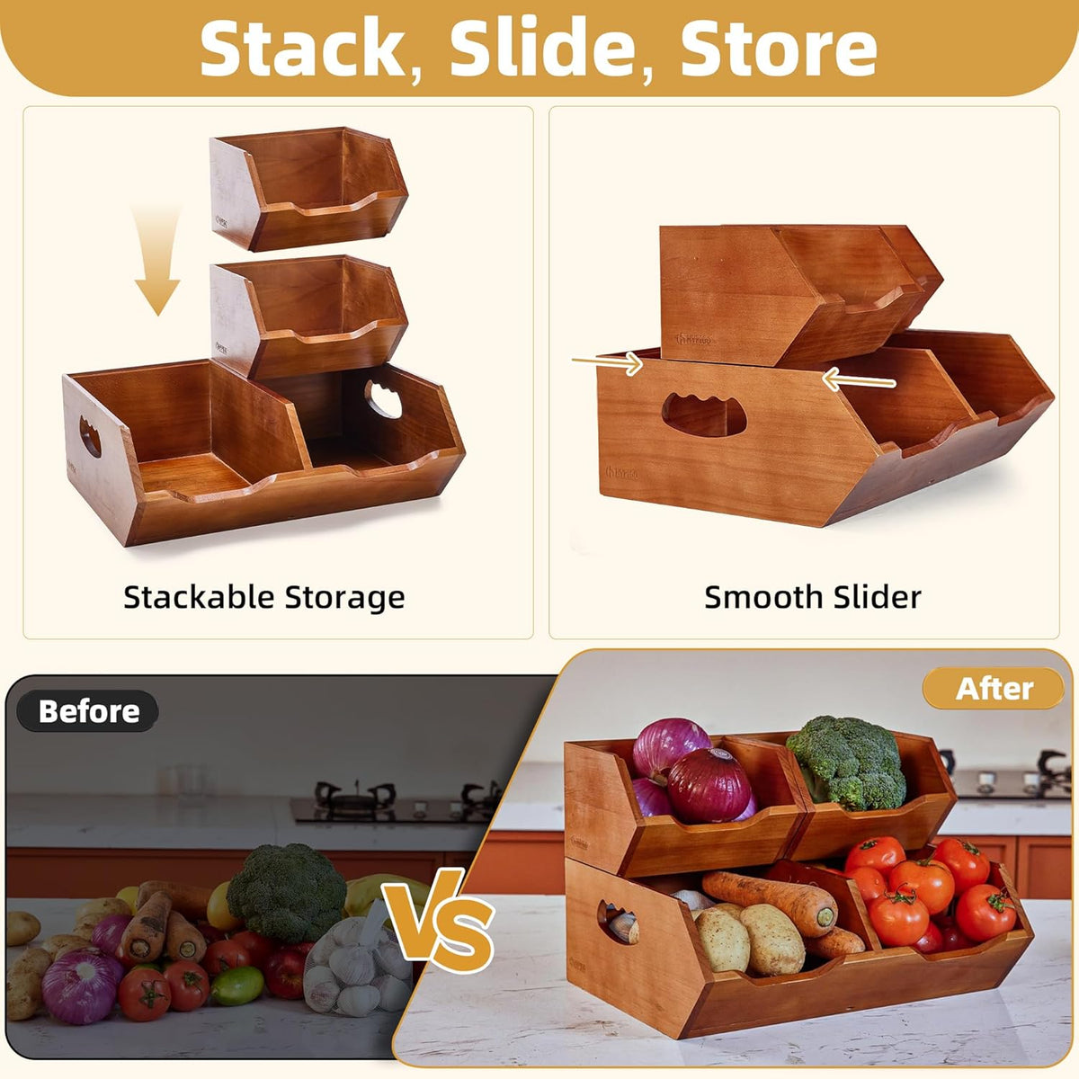 HYPIGO Wood Pantry Storage Baskets, Stackable Large Capacity Potato and Onion Storage Bins, Kitchen Pantry Organizers for Vegetables, Bread, Spices (Set of 3)