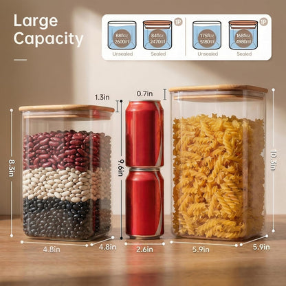 Extra Large Square Glass Flour & Sugar Storage Containers with Airtight Lids, 168 floz - Glass Jars with Bamboo Lids for Pantry, Air tight Food Storage Containers for Cereal, Pasta, Rice