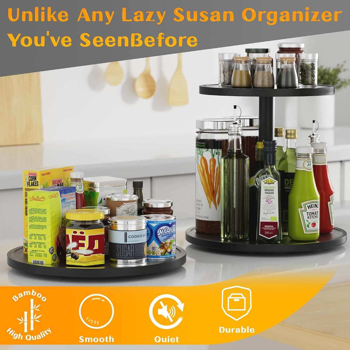 Lazy Susan Organizer Homerays 12 Inch Non-Skid Bamboo Lazy Susan for Kitchen Rotating Spice Rack with Handles, Wood Turntable for Kitchen Cabinet,Countertop (Bamboo, Medium)