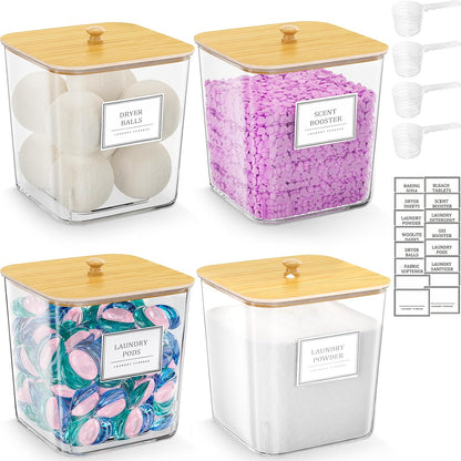 HomePekite Laundry Pods Storage Container, Clear Laundry Room Organization and Storage,Detergent Powder Container,with Wooden Lids & Labels, 3+