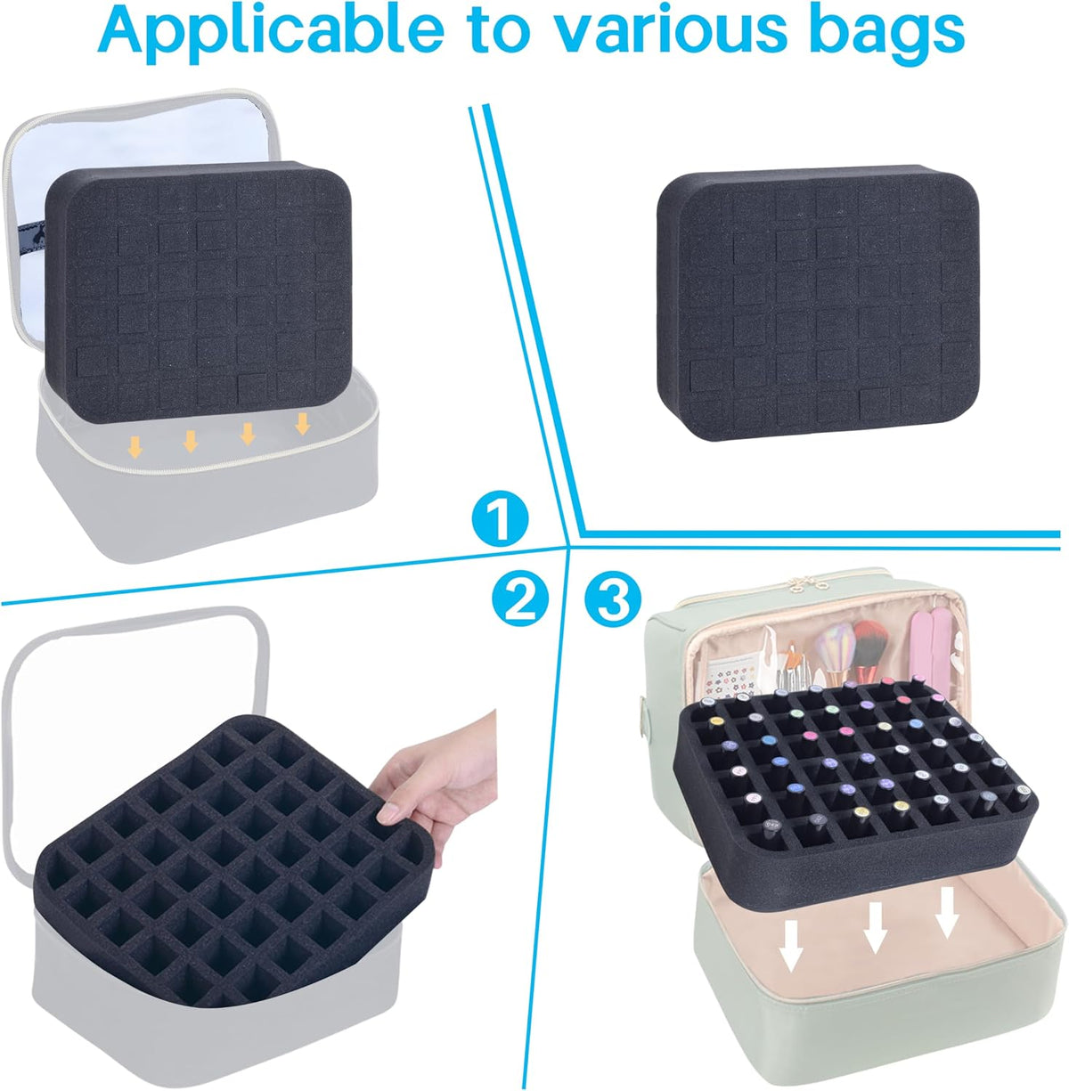2 Pack Nail Polish Organizer Holder Foam Pad with Slots for Storage 60 Bottles (15ml/0.5fl.oz) Nail Polish or Essential Oil Tray for Drawers Black