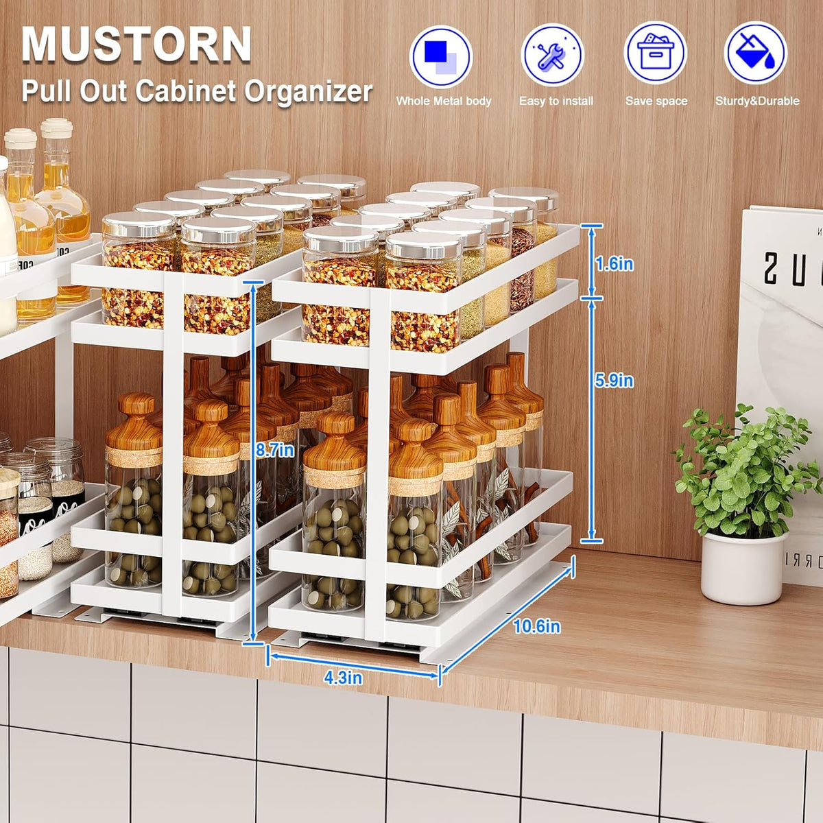 Mustorn 2 Pack Pull Out Spice Rack Organizer for Cabinet, 2 Tier Metal Slide Out Seasoning Organizer and Storage Heavy Duty Vertical Spice Rack Shelf Pullout for Kitchen Cabinets No Drilling (Black)