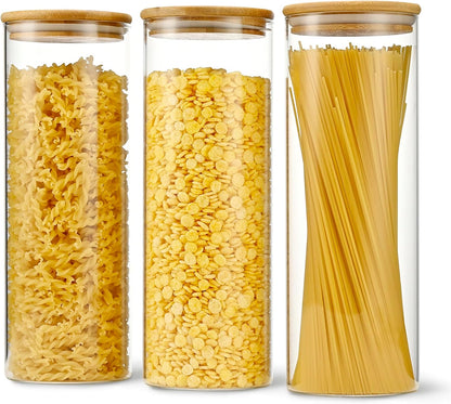 D2scrma 22oz Straight cylindrical Airtight Storage Jars with Bamboo Lid Set of 6 Storage Container Stackable Spice Jar, Kitchen Canister for Sugar, Tea, Cookies and Coffee beans (with Black Lable)