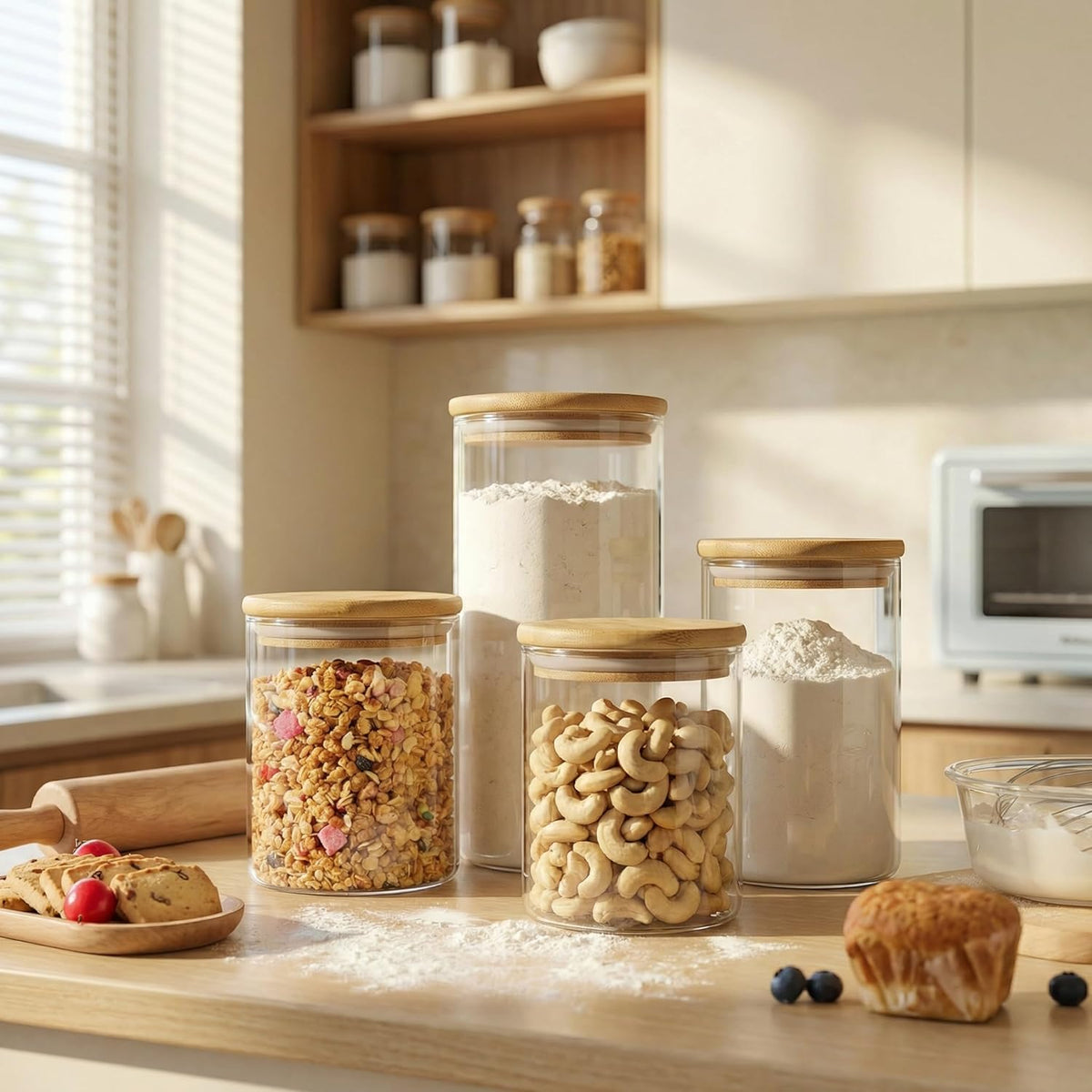32oz - Glass Jars with Bamboo Lids, Glass Pantry Storage Containers with Airtight Lids, Round Air Tigh Food Storage Canisters for Cereal, Pasta, Flour, Sugar, Rice, Best for Kitchen Organizer