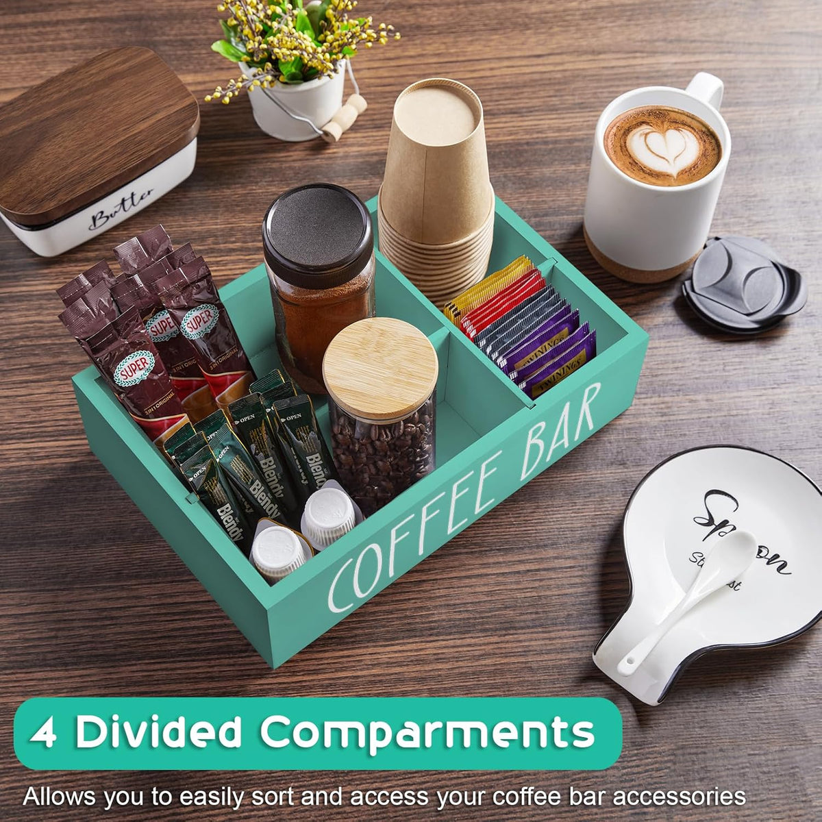 ALELION Coffee Station Organizer - Wood Countertop Accessories Organizer with Removable Dividers for Pods Condiment Syrup Tea Cups Stirrers - for Farmhouse Coffee Bar Decor