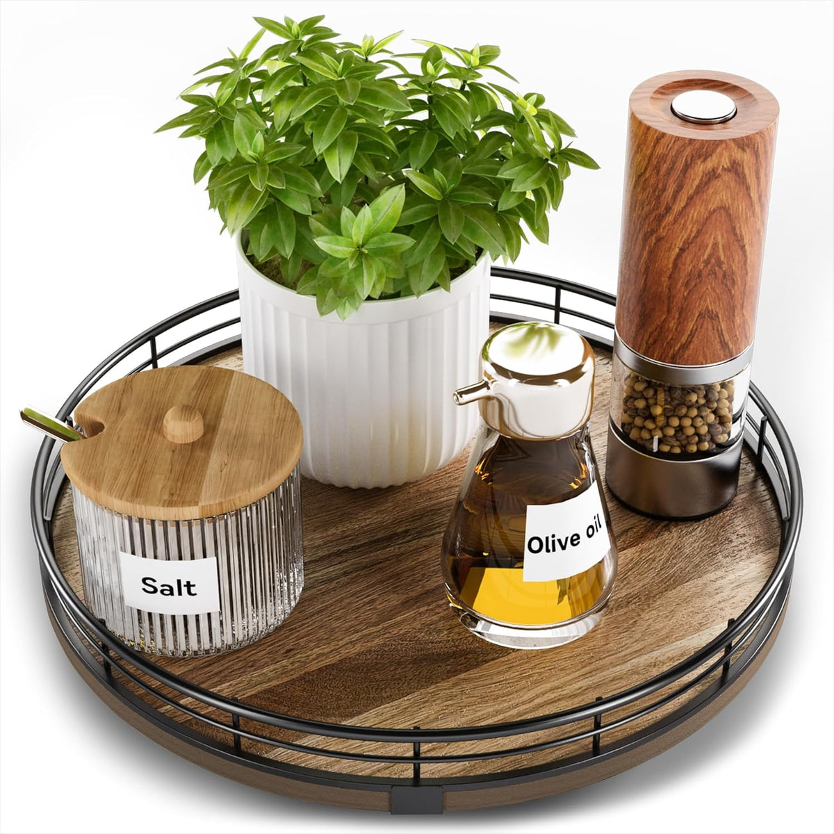 Acacia Wood 13" Lazy Susan Turntable Organizer for Table Top, Farmhouse Round Wooden Lazy Susan for Cabinet Kitchen Centerpieces Coffee Table, for Condiments Spices, Bathroom Vanity Tray Decor
