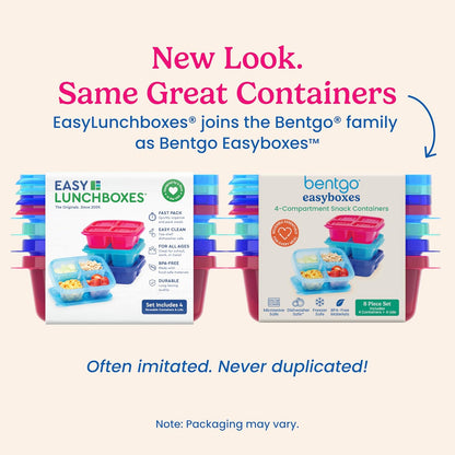 Bentgo Easyboxes 4-Compartment Snack Containers - 8-Piece Set with 4 Trays & 4 Custom-Fit Lids to Seal in Freshness - Reusable Food Storage & Meal Prep Bento BPA-Free Containers (Brights 4-Pack)