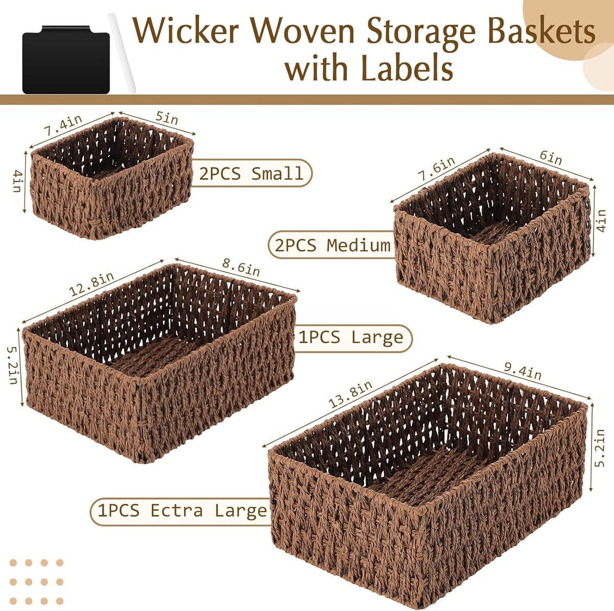 Marsui 6 Pcs Wicker Storage Baskets with Labels Handwoven Multi-size Brown Wicker Storage Bins for Organizing Small Baskets Container for Shelves Closet Pantry Toilet(Brown )