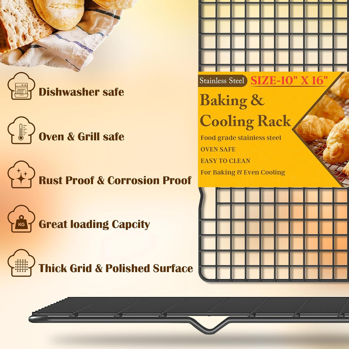2PCS Cooling Racks for Cooking and Baking - 10" x 15"Heavy Duty Stainless Steel Wire Rack for Baking, Grilling, Roasting - Oven & Dishwasher Safe - Fits Jelly Roll Sheet Pan-Silver