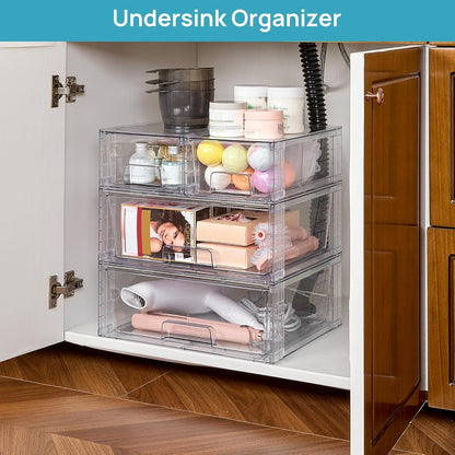 Vtopmart 3 Pack Clear Stackable Storage Drawers,Easy to Assemble Bathroom Organizers and Storage with handles,Plastic Drawers for Kitchen Pantry,Cabinet,Under Sink Organization