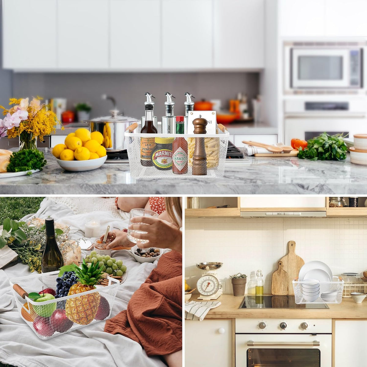 2 Pack 12" Wide Metal Mesh Baskets with Bamboo Handles for Pantry Organization | Wire Storage Bins for Kitchen, Cabinet, Fruit & Snacks | Decorative Farmhouse Style Organizer